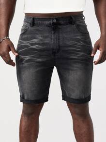 GENTILAND Men Plus Cat Whisker Washed Denim Shorts - Dark Grey - View 7