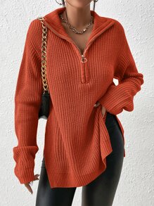 SHEIN Frenchy Half Zip Drop Shoulder Split Hem Sweater Winter - Orange - View 1