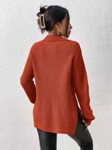 SHEIN Frenchy Half Zip Drop Shoulder Split Hem Sweater Winter - Orange - View 2