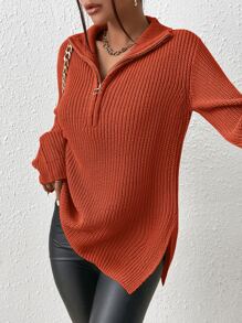 SHEIN Frenchy Half Zip Drop Shoulder Split Hem Sweater Winter - Orange - View 3
