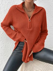 SHEIN Frenchy Half Zip Drop Shoulder Split Hem Sweater Winter - Orange - View 4