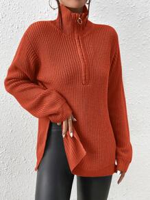 SHEIN Frenchy Half Zip Drop Shoulder Split Hem Sweater Winter - Orange - View 5