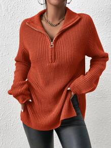 SHEIN Frenchy Half Zip Drop Shoulder Split Hem Sweater Winter - Orange - View 6