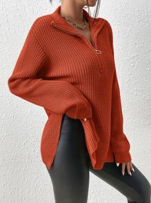 SHEIN Frenchy Half Zip Drop Shoulder Split Hem Sweater Winter - Orange - View 7