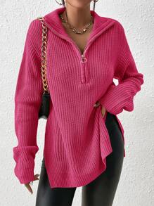 SHEIN Frenchy Half Zip Split Hem Drop Shoulder Jumper - Hot Pink - View 1