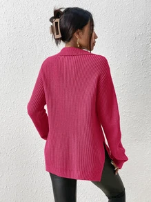 SHEIN Frenchy Half Zip Split Hem Drop Shoulder Jumper - Hot Pink - View 2