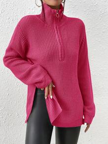 SHEIN Frenchy Half Zip Split Hem Drop Shoulder Jumper - Hot Pink - View 5