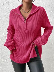 SHEIN Frenchy Half Zip Split Hem Drop Shoulder Jumper - Hot Pink - View 6