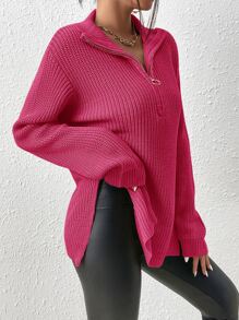 SHEIN Frenchy Half Zip Split Hem Drop Shoulder Jumper - Hot Pink - View 7