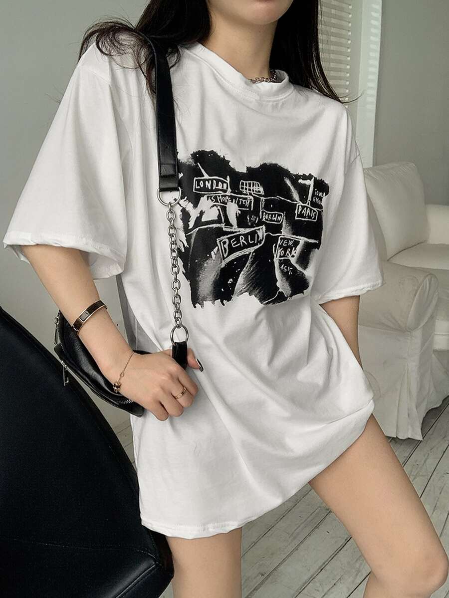 Camiseta amplia con estampado de letra de hombros caídos - Blanco - Ver 1