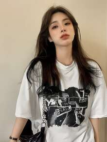 Camiseta amplia con estampado de letra de hombros caídos - Blanco - Ver 3