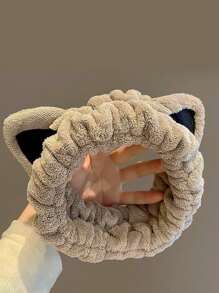 1入組卡其色沐浴頭帶可愛滌綸卡通耳朵裝飾毛茸茸浴室髮帶 - 卡其色 - 查看 1