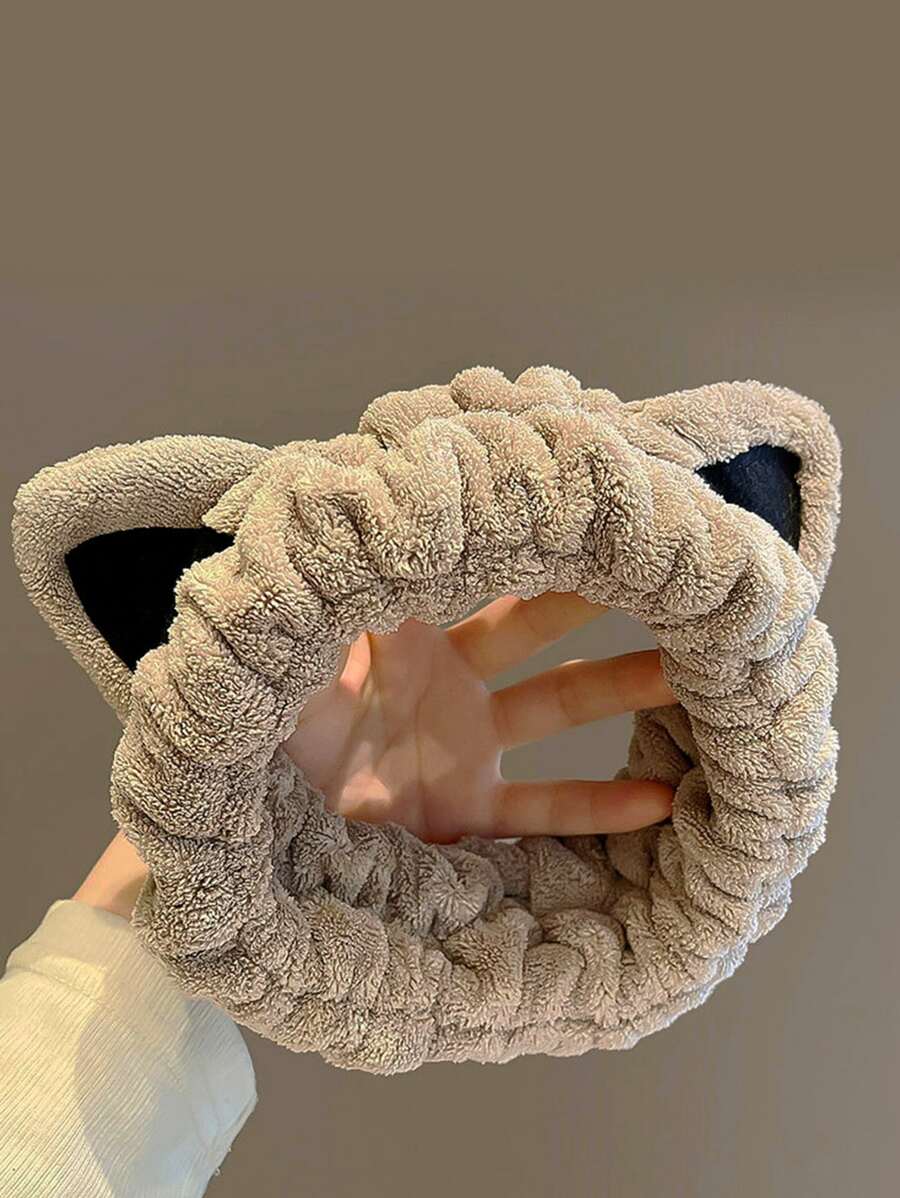 1入組卡其色沐浴頭帶可愛滌綸卡通耳朵裝飾毛茸茸浴室髮帶 - 卡其色 - 查看 1