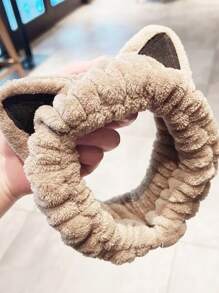 1入組卡其色沐浴頭帶可愛滌綸卡通耳朵裝飾毛茸茸浴室髮帶 - 卡其色 - 查看 4