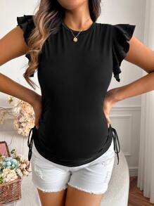 SHEIN 孕婦荷葉邊側抽繩T恤 - 黑色 - 查看 1