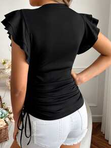 SHEIN 孕婦荷葉邊側抽繩T恤 - 黑色 - 查看 2