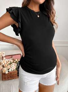 SHEIN 孕婦荷葉邊側抽繩T恤 - 黑色 - 查看 3