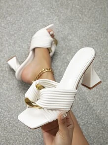 Giày sandal đế bệt cao gót kiểu dáng điêu khắc, đính kim loại, màu trắng thời trang dành cho nữ, phù hợp với trang phục mùa xuân hè. - trắng - Xem 6