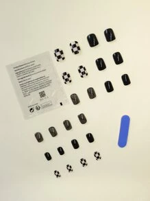 Upgrade Your Look With 24pcs Short Square Black Lines Checkerboard Pattern Fake Nail & 1pc Nail File & 1sheet Tape Press On Nails Nail Supplies