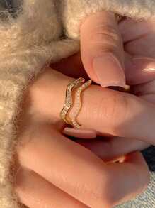 1pc Fashion Stainless Steel Rhinestone & Faux Pearl Double Ring For Women For Daily Decoration - Yellow Gold - View 1