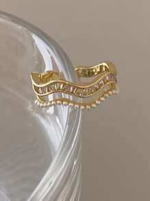 1pc Fashion Stainless Steel Rhinestone & Faux Pearl Double Ring For Women For Daily Decoration - Yellow Gold - View 2