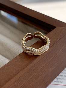 1pc Fashion Stainless Steel Rhinestone & Faux Pearl Double Ring For Women For Daily Decoration - Yellow Gold - View 4