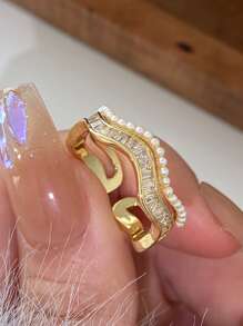 1pc Fashion Stainless Steel Rhinestone & Faux Pearl Double Ring For Women For Daily Decoration - Yellow Gold - View 5