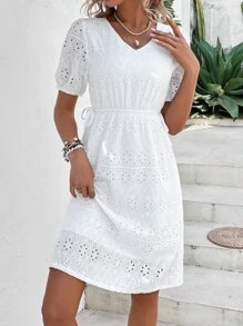 Breezaya Eyelet Embroidery Puff Sleeve Dress - White - View 1