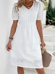 Breezaya Eyelet Embroidery Puff Sleeve Dress - White - View 3
