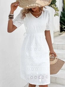 Breezaya Eyelet Embroidery Puff Sleeve Dress - White - View 4