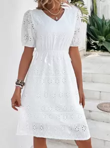 Breezaya Eyelet Embroidery Puff Sleeve Dress - White - View 5