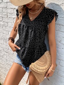 SHEIN LUNE Polka Dot Print Ruffle Trim Peplum Blouse - Black - View 4