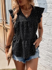 SHEIN LUNE Polka Dot Print Ruffle Trim Peplum Blouse - Black - View 6