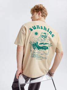 Manfinity VCAY Camiseta holgada con eslogan y gráfico de dibujos animados para hombres - Beis - Ver 3