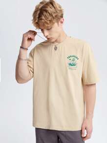 Manfinity VCAY Camiseta holgada con eslogan y gráfico de dibujos animados para hombres - Beis - Ver 4