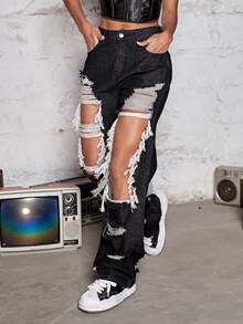 Vaqueros rasgados con pernera recta y bolsillo inclinado - Negro - Ver 6