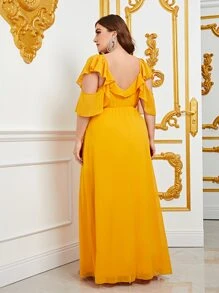 大碼雞心領口荷葉邊雪紡長連衣裙 - 黃色 - 查看 2