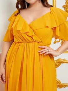 大碼雞心領口荷葉邊雪紡長連衣裙 - 黃色 - 查看 4