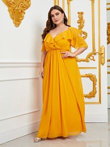 大碼雞心領口荷葉邊雪紡長連衣裙 - 黃色 - 查看 5