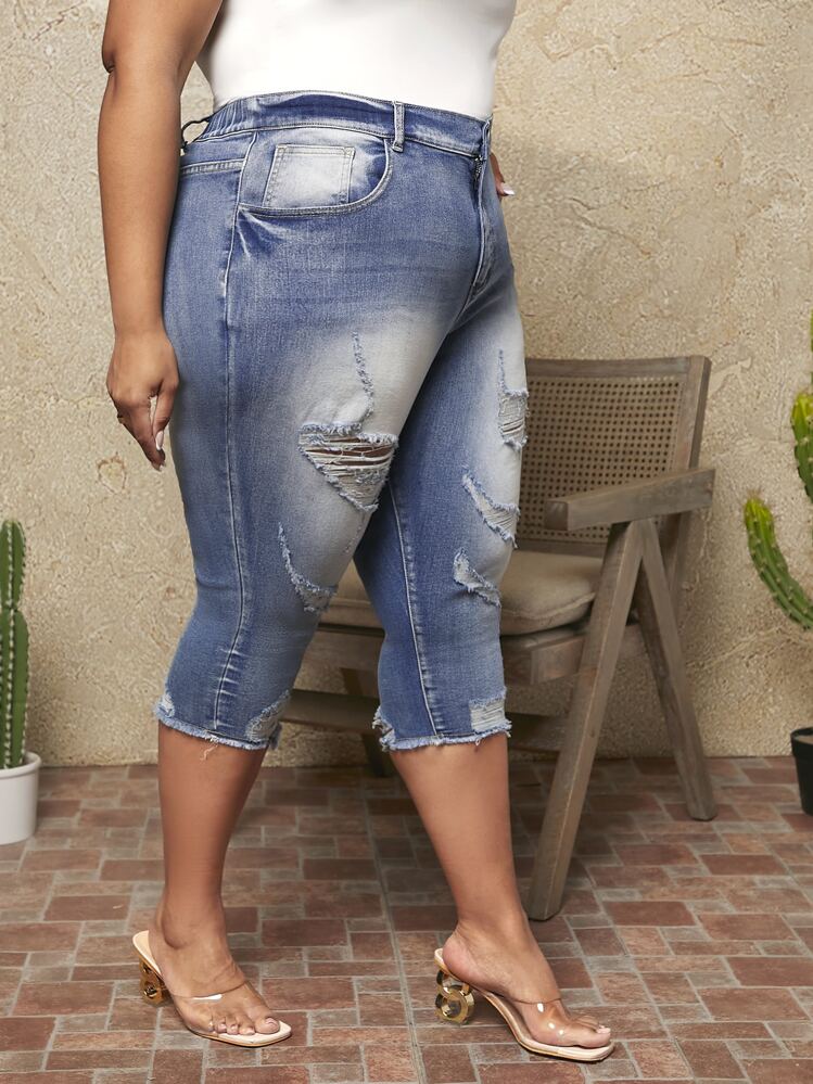 SHEIN CURVE+ Plus Jean Skinny À Poche Déchiré Ourlet Effiloché - Jean clair - Voir 5