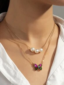Faux Pearl Decor Butterfly Charm Layered Necklace - Yellow Gold - View 1