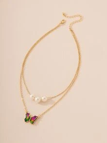 Faux Pearl Decor Butterfly Charm Layered Necklace - Yellow Gold - View 3