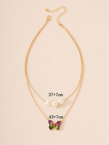 Faux Pearl Decor Butterfly Charm Layered Necklace - Yellow Gold - View 4