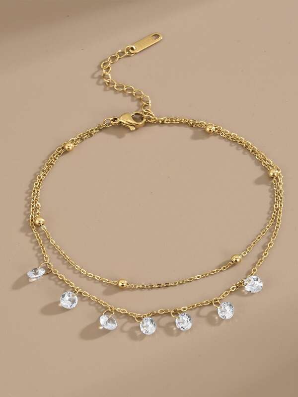 Mehrlagige Fußkette mit Kubischem Zirkonia Dekor