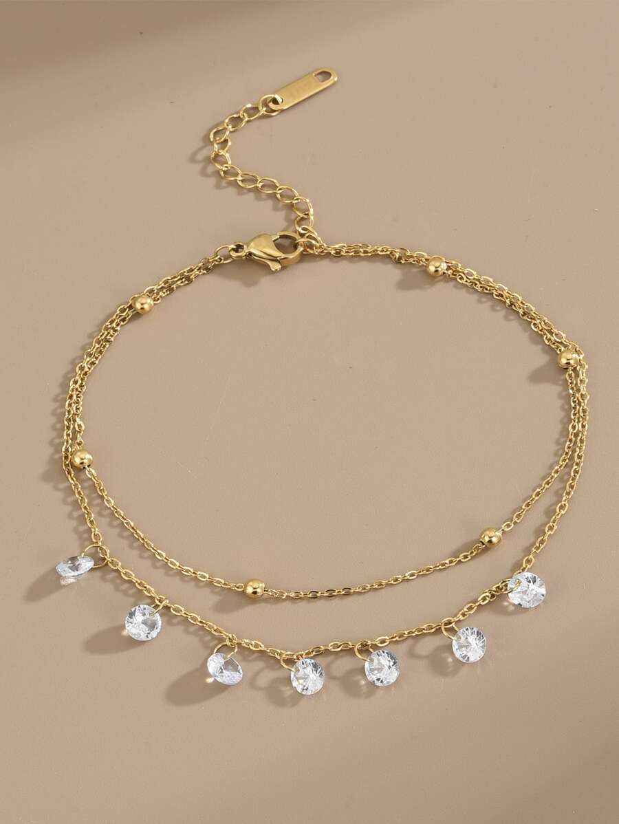 1pc Zirconia Stainless Steel Anklet For Women, Summer Beach Jewelry (Handmade Chain, Bead Quantity May Vary, Actual Length Prevails) - Yellow Gold - View 1