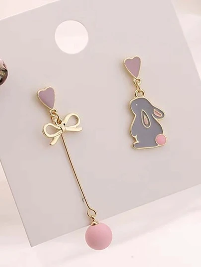 Rabbit & Bow Decor Mismatched Drop Earrings Valentines,Mom,Mother,Mother's Day,Gift