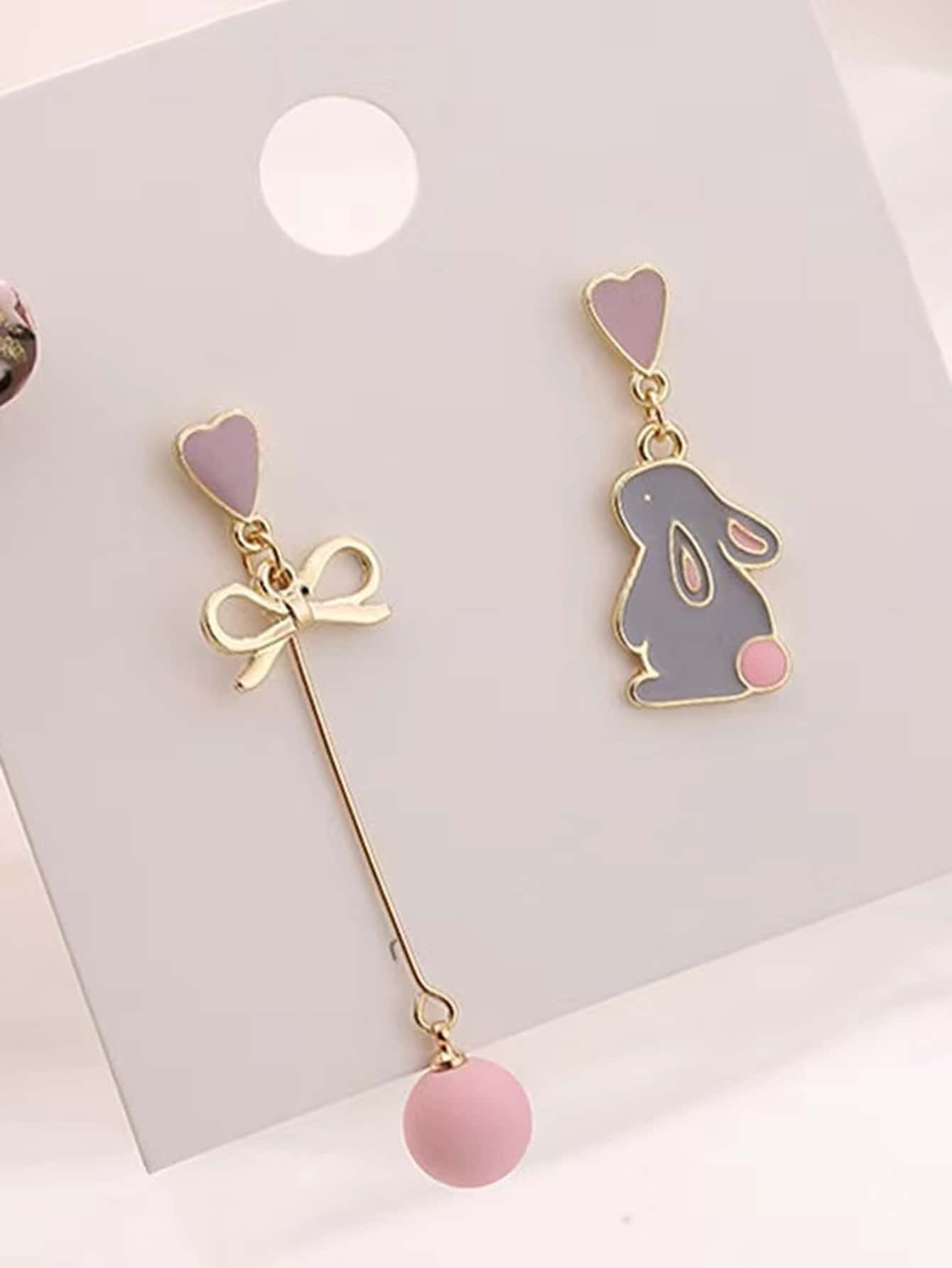 Rabbit & Bow Decor Mismatched Drop Earrings Valentines,Mom,Mother,Mother's Day,Gift