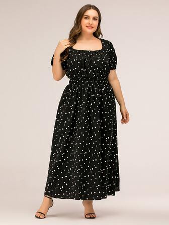 大碼波卡圓點方領泡泡袖A字連衣裙