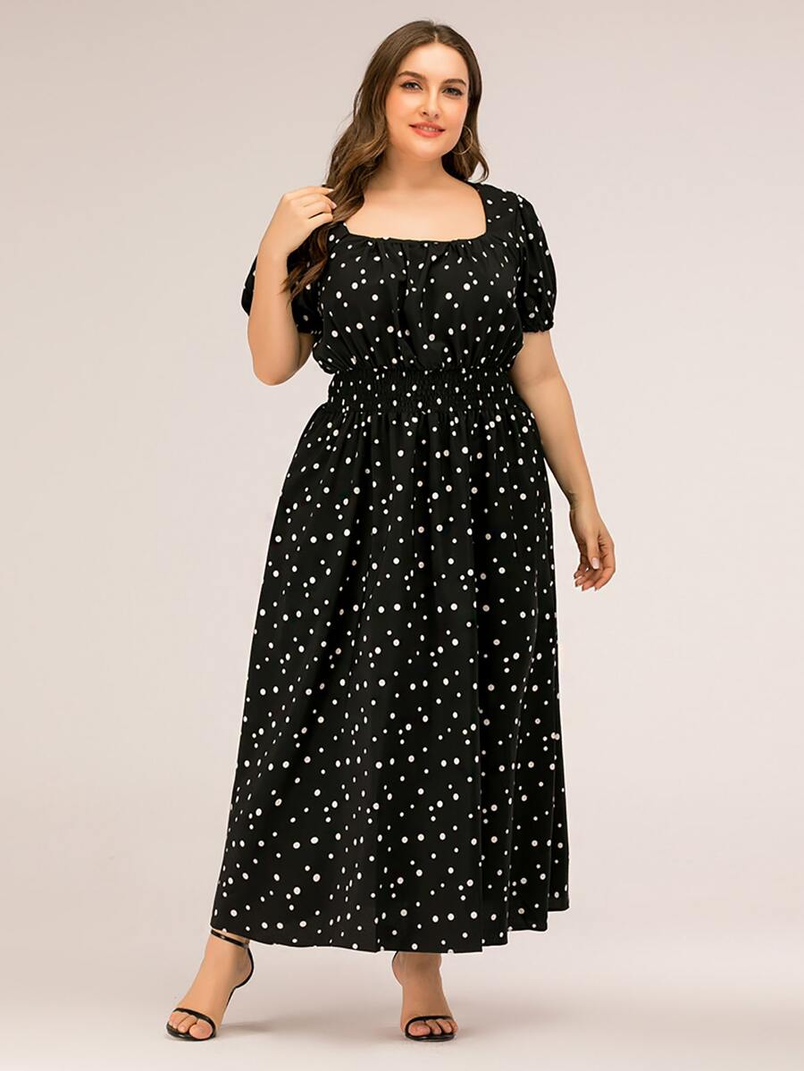 Vestido línea A de lunares de cuello cuadrado de manga farol - Negro - Ver 1
