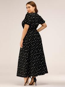 Vestido línea A de lunares de cuello cuadrado de manga farol - Negro - Ver 2